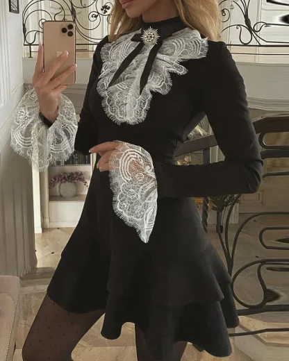Long Sleeve Lace Tiered Mini Dress - Image 3