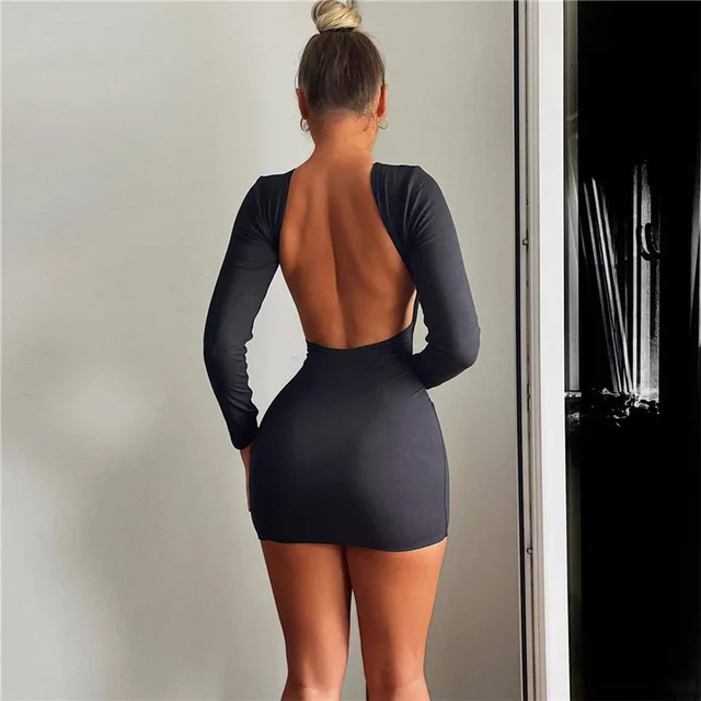 princess polly baby blue dress Black Boat Neck Long Sleeve Backless Bodycon Mini Dress | Dresses